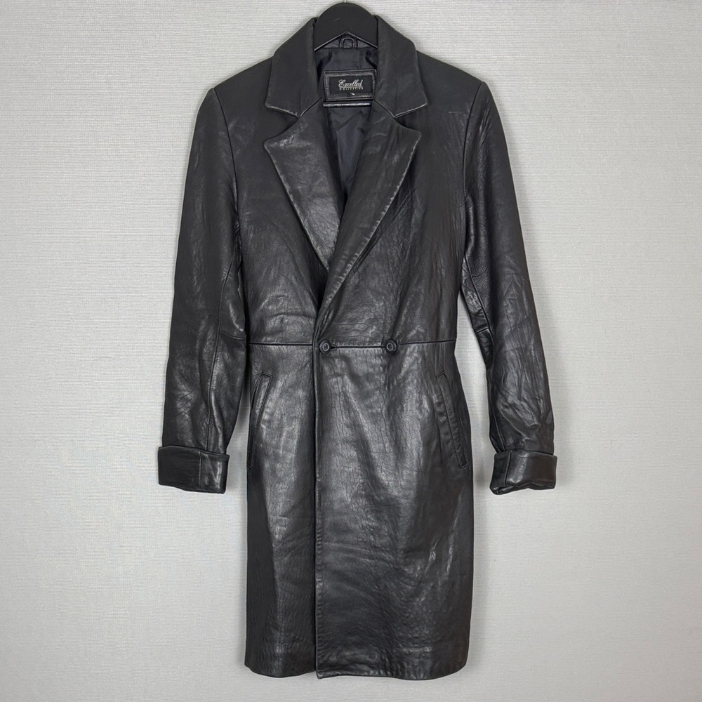 Women’s Black Leather Full Length Double Breasted Coat - Size XS